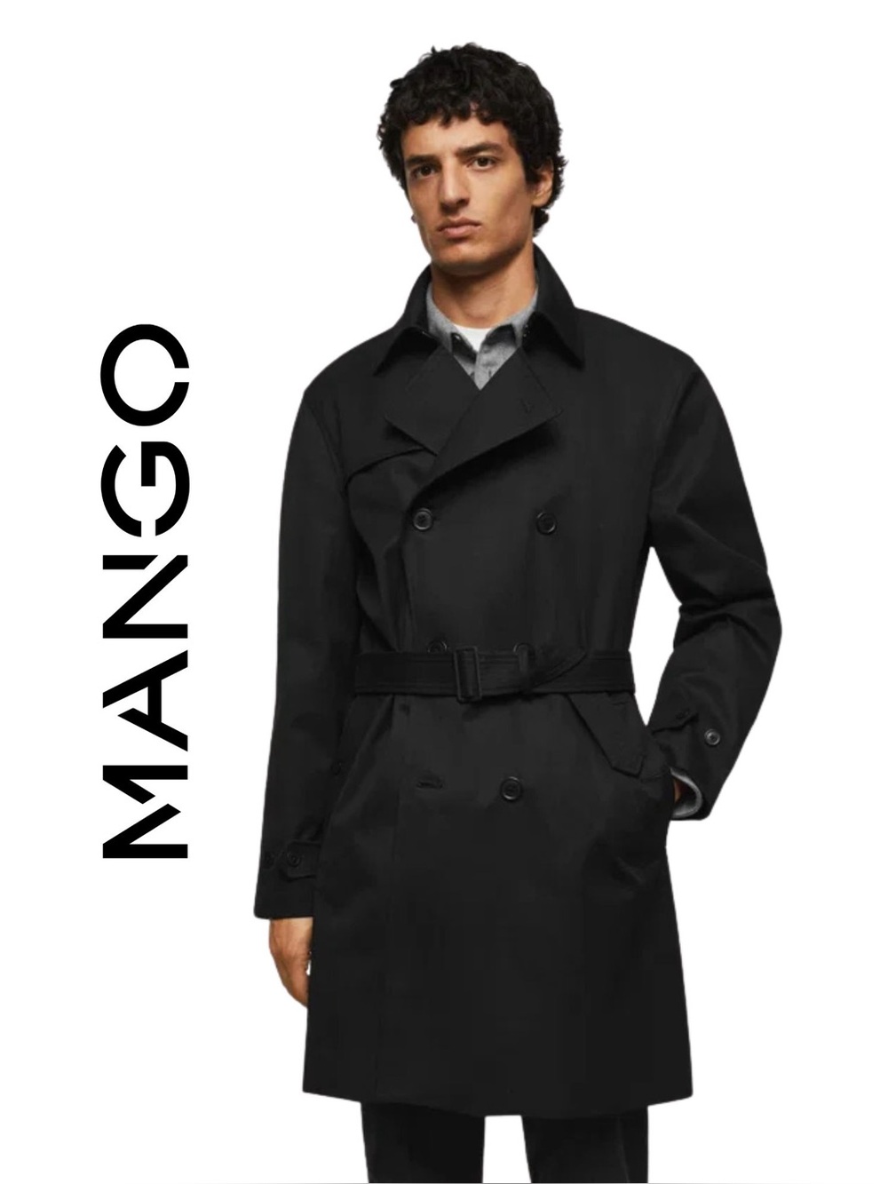 Mango Men’s Double Breasted Black Trench Coat